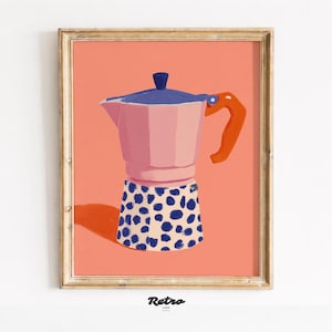 Art mural Moka Express rétro, imprimable, cafetière pop-art, téléchargement numérique, décoration moderne Mid-Century, art mural cuisine coloré