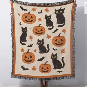 Black Cat Pumpkin Throw, Autumn Halloween Decor Blanket, Vintage Spooky Woven Throw, Cozy Fall Cottage Blanket, Cat Gift