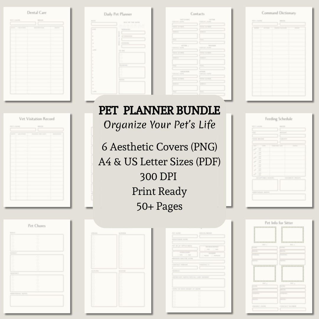 Pet Planner Printable Bundle - Cat & Dog Care Organizer, Vet Visits ...