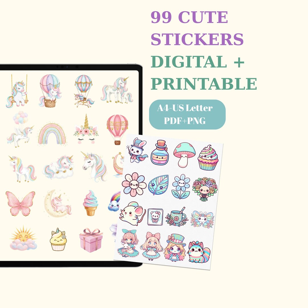 99 Cute Printable Stickers – Digital PNG + A4 + US Letter PDF - Kawaii