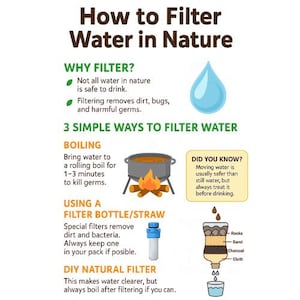 Op de afbeelding: Infographic getiteld "Hoe water in de natuur te filteren" met uitleg over waterzuivering. Het bevat illustraties van koken, filterflessen en doe-het-zelf natuurlijke filters. Een blauwe waterdruppel is ook afgebeeld.