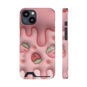 Schattige roze druipende telefoonhoes met kaarthouder, aardbeiontwerp, kawaii-esthetiek, cadeau voor tienermeisjes, verjaardagscadeau, telefoonaccessoire