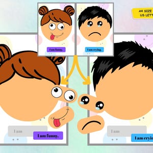 May include: A set of illustrated face parts with the text "I am funny" and "I am crying." The image includes a girl's face with a tongue sticking out and a boy's face with tears. The text "A4 SIZE AND US LETTER" is also present.