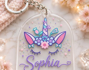 Gepersonaliseerde sleutelhanger met eenhoorn en naam | Sleutelhanger met eenhoorn van acryl op maat | Leuk cadeau voor meisjes | Sleutelhanger met bloemen en eenhoorn, gepersonaliseerd verjaardagscadeau