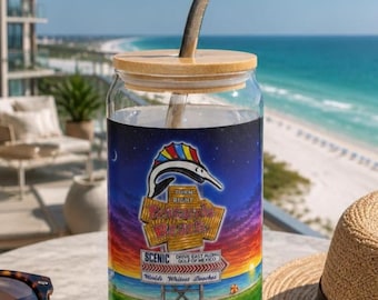 Pensacola Beach Sign Can Glass With Bamboo Lid & Straw, Gulf Coast Iced Coffee Cup, Florida Beach House Gift