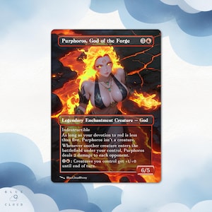 May include: A trading card featuring Purphoros, God of the Forge. The card depicts a female figure with fiery hair and a black outfit, set against a backdrop of flames. Text includes "Legendary Enchantment Creature - God" and game instructions.