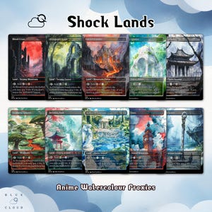 Shock Lands pack (10+cards) Anime Watercolor Lands set of 10 - Custom Cards Full Art, High Quality proxies - EDH Commander Gift for MTG Fans