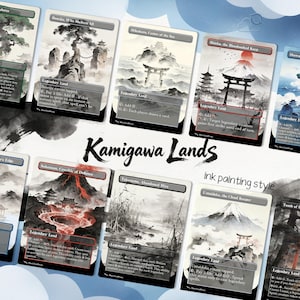 May include: A collection of Kamigawa Lands trading cards, featuring ink painting style artwork. Each card displays a unique landscape with Japanese-inspired imagery, including mountains, temples, and traditional gates. The text "Kamigawa Lands" is prominently displayed.