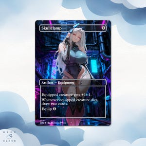 Könnte beinhalten: Skullclamp-Karte mit einer Anime-Illustration einer Frau mit weißen Haaren und einem blauen Body. Die Karte ist mit "Artifact - Equipment" und Spieltext beschriftet. Der Hintergrund ist blau und violett.