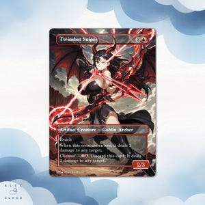 Peut inclure: Une carte à collectionner rectangulaire intitulée Twinshot Sniper représentant un personnage aux cheveux noirs avec des cornes et des ailes tenant un arc rouge brillant. Le texte inclut Artifact Creature - Goblin Archer, Reach et Channel avec une valeur 2/3.