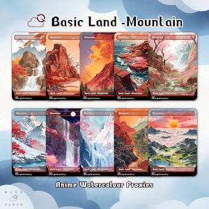 Watercolor Anime Mountain Proxy Cards: MTG EDH Commander - Set of 10