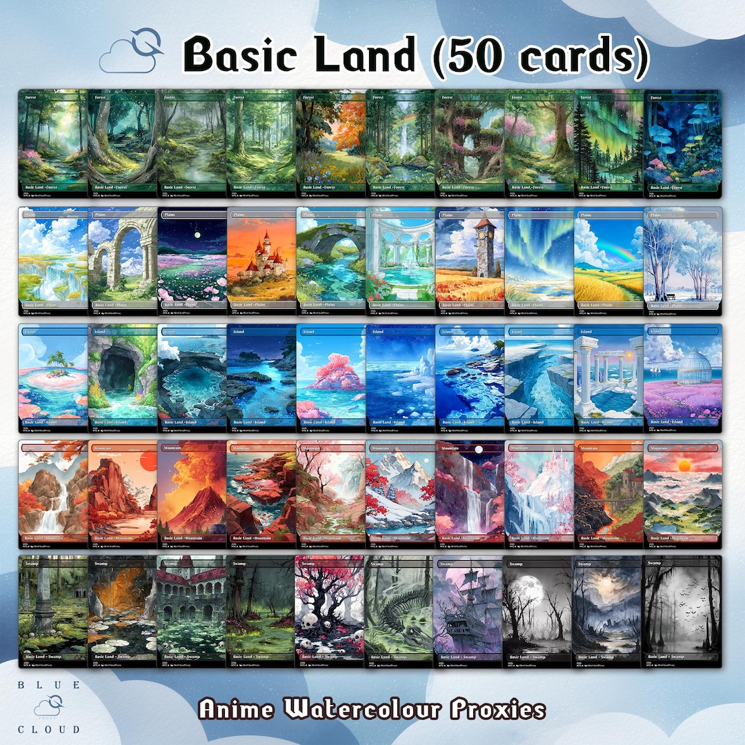 50 Unique Basic Lands Anime Watercolor Art Magic Proxy Cards for Your ...