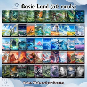 May include: A collection of 50 Basic Land cards with watercolor anime-style artwork. Each card features a unique landscape, including forests, mountains, and seascapes. The cards are labeled "Basic Land (50 cards)" and "Anime Watercolour Proxies."