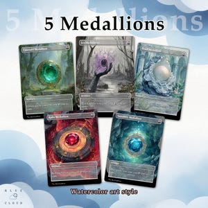 Watercolor Style 5 Medallions Magic Proxy Cards - Emerald, Jet, Sapphire, Ruby and Pearl Medallion, Full Art EDH proxy for your deck