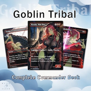 Peut inclure: Un jeu de cartes Commander complet avec trois cartes d'art fantastique. Les cartes présentent des guerrières gobelines rousses avec diverses capacités. Le texte "Goblin Tribal" et "Complete Commander Deck" est également visible.