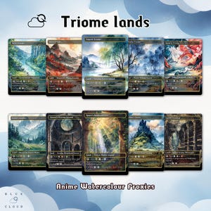 May include: A collection of ten "Triome lands" trading card proxies with watercolor anime art. Each card features a unique landscape, including mountains, forests, and swamps. The text "Triome lands" and "Anime Watercolour Proxies" are visible.