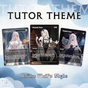 Könnte beinhalten: Drei Sammelkarten mit Illustrationen im Anime-Stil. Die Karten tragen die Aufschrift "Enlightened Tutor", "Demonic Tutor" und "Vampiric Tutor". Der Text "TUTOR THEME" und "Anime Waifu Style" ist ebenfalls sichtbar.
