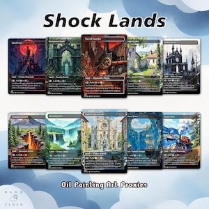 Puede incluir: Una colección de proxies de cartas coleccionables "Shock Lands" con arte de fantasía. Cada carta presenta ilustraciones únicas que representan paisajes como pantanos, montañas y bosques. Se muestra el texto "Shock Lands" y "Oil Painting Art Proxies".