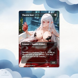 May include: A fantasy card depicting a white-haired vampire wizard in a bathtub, holding a heart. The card features the text "Viscera Seer" and "Creature - Vampire Wizard". The card's background is red.