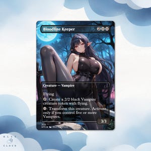 Puede incluir: Carta de fantasía "Bloodline Keeper" que presenta a una vampira con cabello negro largo y ojos rojos. La carta incluye texto que describe las habilidades y estadísticas de la criatura, con un fondo de bosque y luna llena.