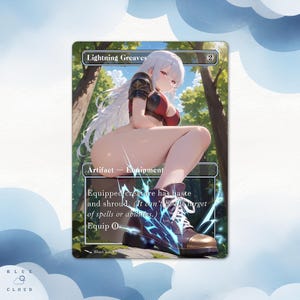 Könnte beinhalten: Eine Fantasy-Art-Karte mit dem Titel "Lightning Greaves" mit einer weiblichen Figur mit weißen Haaren und einem rot-schwarzen Outfit. Die Karte ist ein Artefakt-Equipment mit Text, der seine Fähigkeiten beschreibt. Der Hintergrund zeigt eine Waldszene.