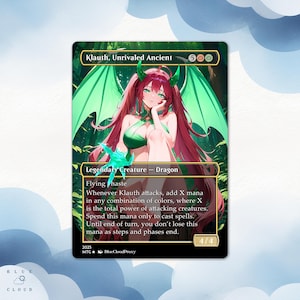 May include: A fantasy card depicting a dragon woman with red hair and green wings. The card is labelled "Klauth, Unrivaled Ancient" and includes game text. The card has a green and gold border and a 4/4 power and toughness.