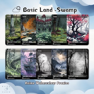 Anime Watercolor Swamp Proxy Cards: MTG EDH Commander Set