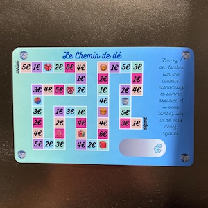 Peut inclure: Une carte de jeu bleue avec le texte "Le Chemin de dé" et divers montants en euros. La carte présente un chemin avec des dés et des symboles d'argent, ainsi que des instructions en français.