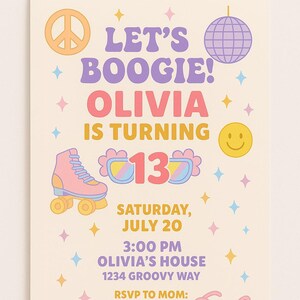 Groovy Disco-Geburtstags-Einladung für Teens | Bearbeitbare Canva Vorlage | Pastell Rollschuher Party einladen | 70er Jahre Retro Thema