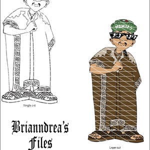 Könnte beinhalten: Cartoon-Illustration einer Figur mit Sonnenbrille und einem Hut mit dem Wort "HOMIES". Die Figur trägt ein gemustertes Gewand und Sandalen. Das Bild enthält den Text "Briannadrea's Files".