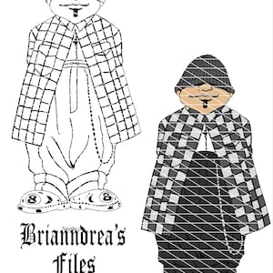 Puede incluir: Dos ilustraciones de un personaje de dibujos animados con gorro, camisa a cuadros y pantalones holgados. El personaje tiene bigote y perilla. El texto "Briandrea's Files" está debajo. El personaje lleva zapatos con el número 8.