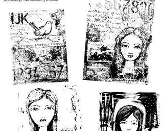 May include: Black and white mixed media collage art featuring four images. The top left image is a stamp with the text "UK" and "Peace, Perfect Peace." The top right image is a vintage letter with numbers and text. The bottom left image is a woman with long dark hair and a clock. The bottom right image is a woman with long dark hair and a halo.