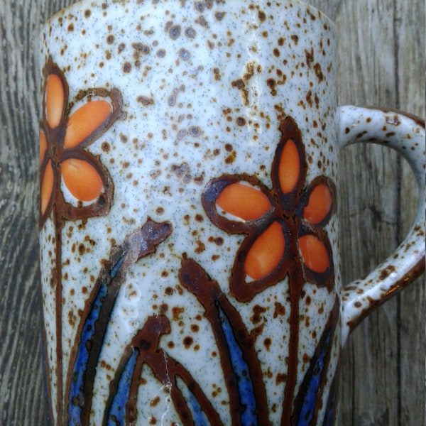 Vintage stoneware cup coffee MUG speckled Orange flowers blue brown RETRO mid century EUC Otagiri? daisy