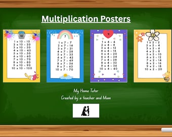 Puede incluir: Una pizarra verde muestra cuatro carteles de multiplicación coloridos. Cada cartel presenta tablas de multiplicar con bordes decorativos, incluyendo un arcoíris, un corazón y flores. El título "Multiplication Posters" está en la parte superior.