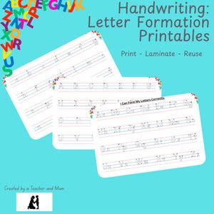 Könnte beinhalten: Handschrift-Übungsblätter mit dem Text "Handwriting: Letter Formation Printables". Die Blätter zeigen Buchstabenformungsführungen auf liniertem Papier. Der Text "Print - Laminate - Reuse" ist ebenfalls sichtbar.