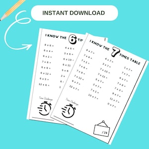 May include: A teal background with the words "MULTIPLICATION REVISION" and "INSTANT DOWNLOAD" in white. Two black and white worksheets with multiplication tables are shown. The image includes a pencil and a clock icon.