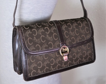 Vintage CELINE marrón lona cuero caballo carruaje logotipo caja bolso bolso hombro