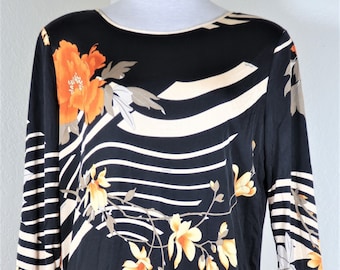 Sukienka Vintage LEONARD Paris z długim rękawem w kolorze żółtym i czarnym z jedwabiu w kwiaty Rozmiar 44 S M 6 7 8