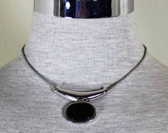 Vintage LANVIN Retro Stylish Silver Black Fancy Choker Necklace Pendant