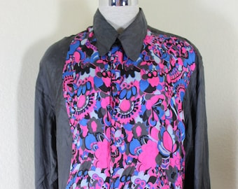 Vintage VALENTINO Black Pink Blue 43 / 17 Silk Longsleeve Shirt Top Blouse M L 7 8 9