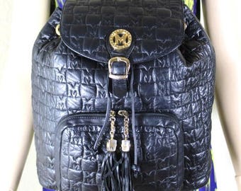 Vintage Metrocity Black Quilted Leather Backpack Back Bag 