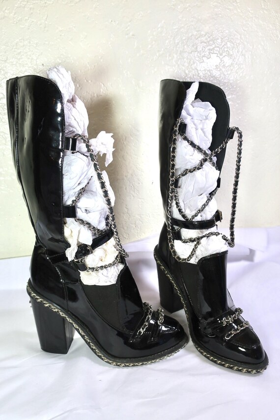 patent high heel boots