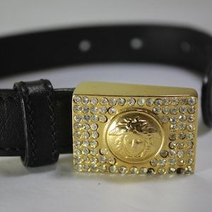 Vintage Gianni Versace Black Medusa Face Diamante Buckle Belt Sz