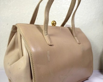 Vintage Gianni Versace beige crema cuero pequeño bolso enmarcado bolso de mano Italia