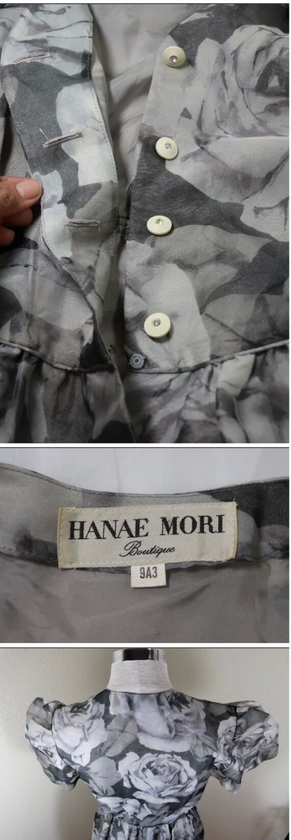 Vintage HANAE MORI 9A3 Black White Floral Silk Dr… - image 4