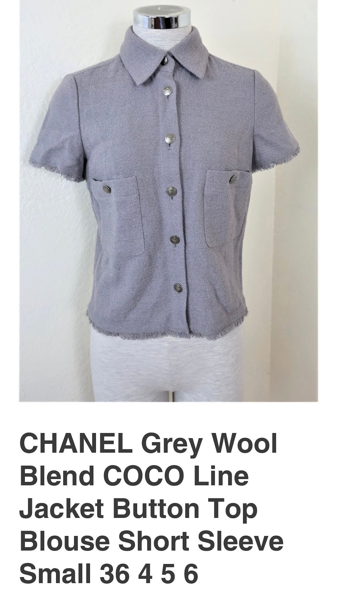 Vintage CHANEL Grey Wool Blend COCO Line Jacket Button Top Blouse Short  Sleeve Small 36