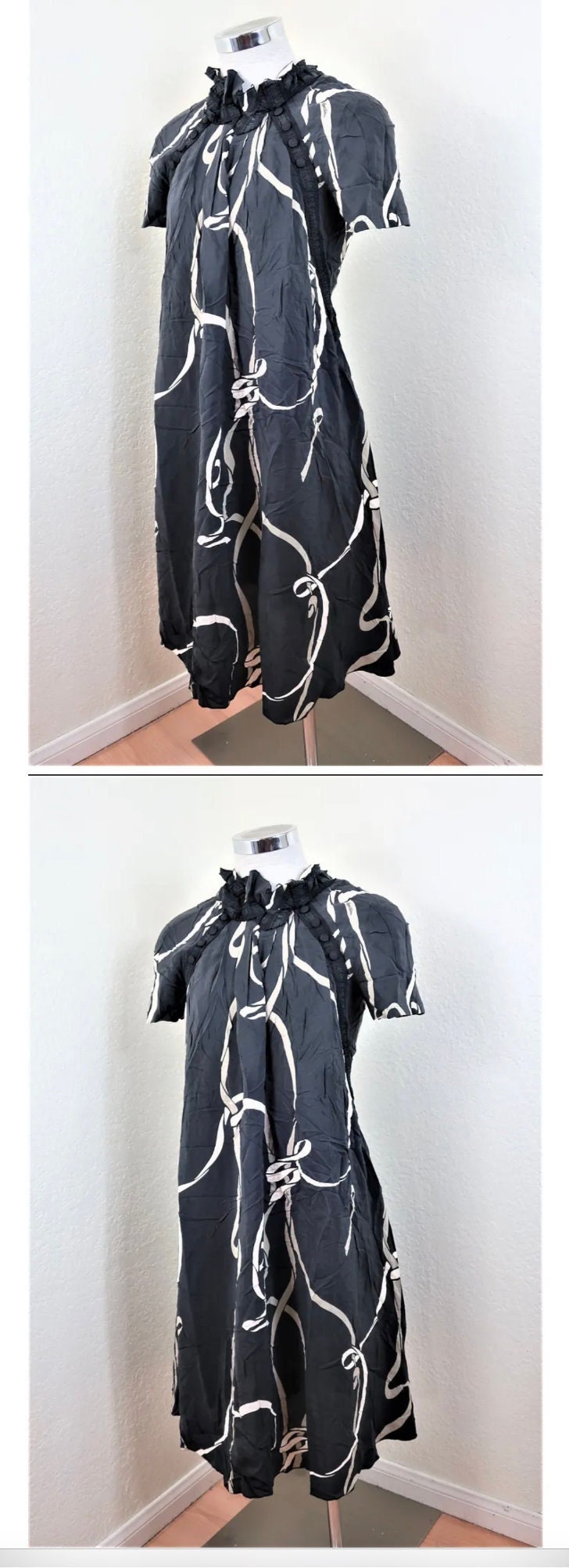 Louis Vuitton, LOUIS VUITTON Black White Signatures Logo Silk Printed Short Sleeve Dress Small 34 0 2 3 4