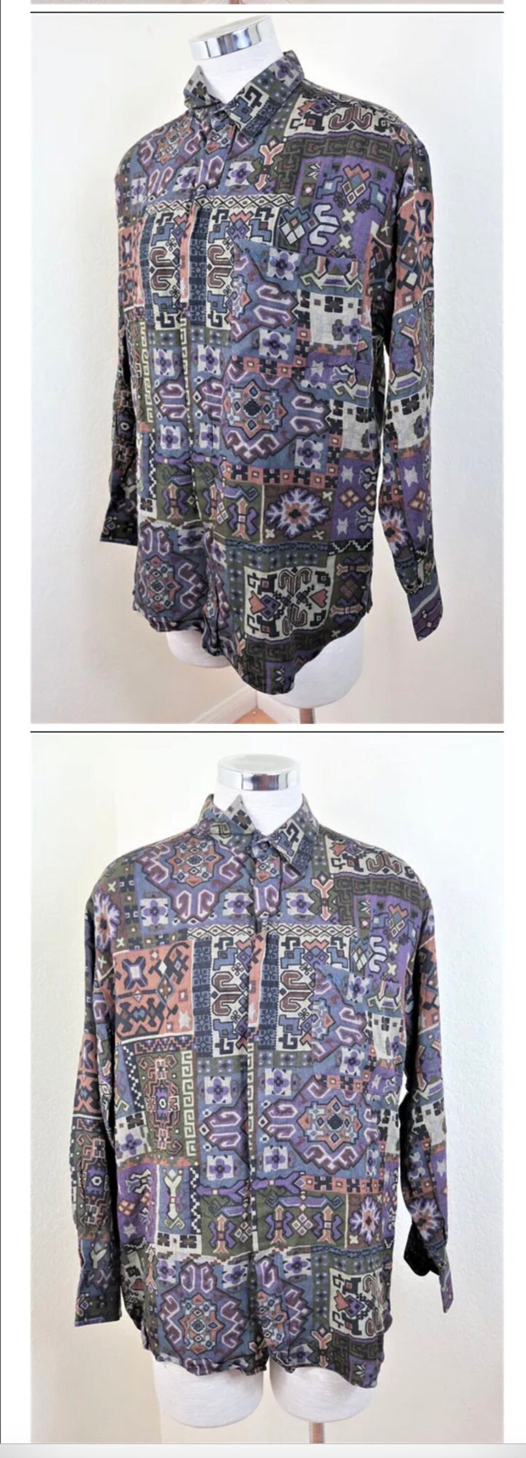 Rusty Ribal Vintage LANVIN Boutique Rayon Wool RIBAL Print Long Sleeve Button Top ...