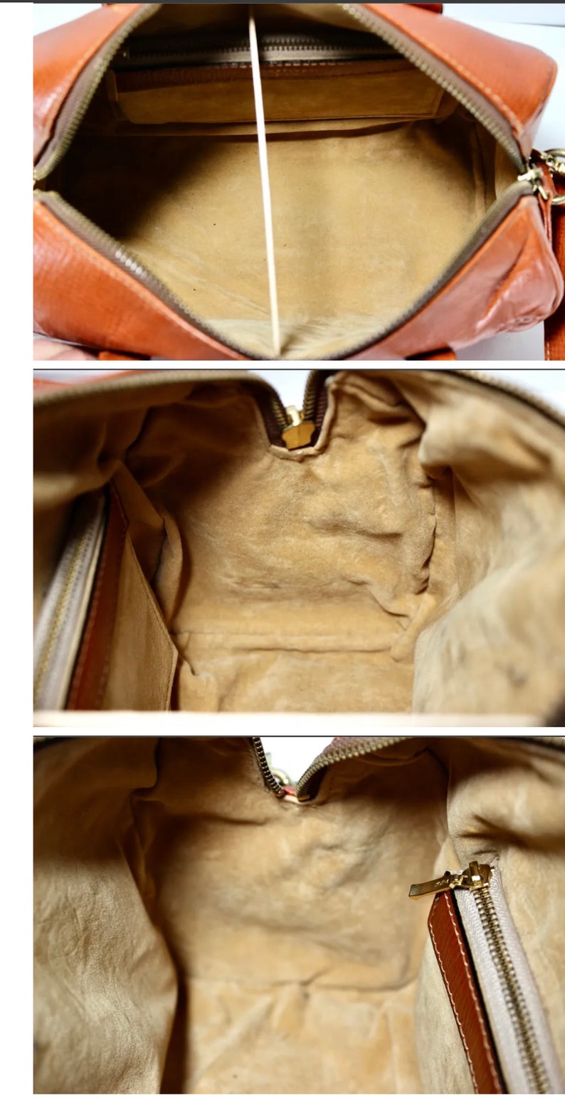 Puede incluir: Vista interior de un bolso de mano de cuero marr&oacute;n con forro de tela beige. El bolso tiene cierre de cremallera y un peque&ntilde;o bolsillo en el interior.