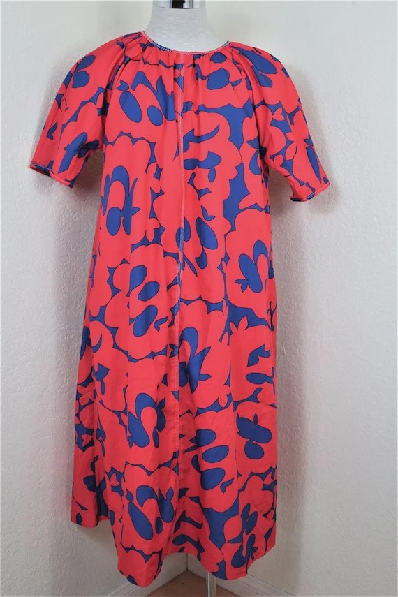 Marni, 100% Cotton Vintage MARNI Red Blue Long Dress, 40-Inch Length, 2 Side Pockets, Size 36